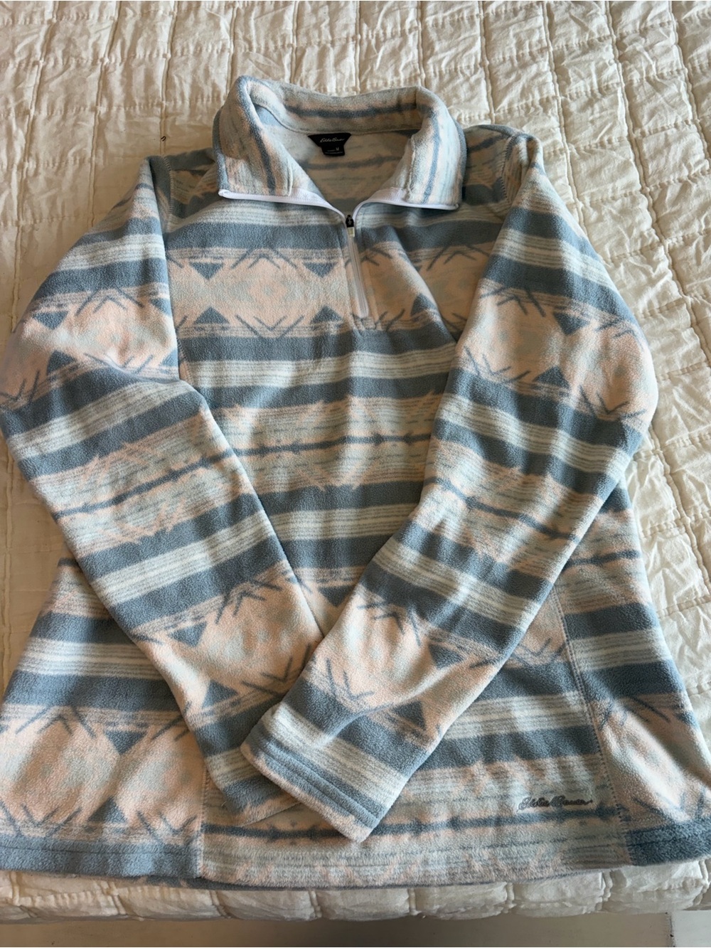 Eddie Bauer Blue and Cream Patterned Half-Zip Fleece Pullover